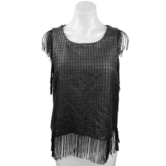 Design Lab Black Textured Sleeveless Fringe Crewneck Chic Tunic Tank Top Size M - Picture 1 of 6